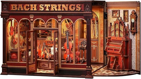 Book Nook Kit, DIY Miniature Music Workshop-Themed, 3D Wooden Puzzle Dollhouse with LED Lights, Bookend & Creative Bookshelf Decor, Craft Gifts for Family and Friends & Music Lovers (Bach Strings)