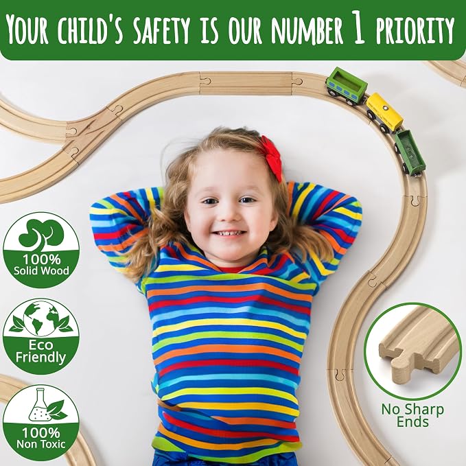 KipiPol Wooden Train Tracks Set - 52 pcs+Bonus Railroad Map –Compatible W All Major Wooden Railway Toy Brands Including: Thomas The Train Track Set, Brio Train, Melissa and Doug Train Set for Kids 3+