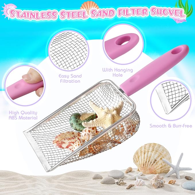 Beach Shell Collecting Set, Sand Toys with Collapsible Bucket, Shark Tooth Sifter, Sand Sifter, Mesh Bag, Outdoor Exploration Tools & Treasure Hunt Toys for Kids, Family Beach Vacation Essentials
