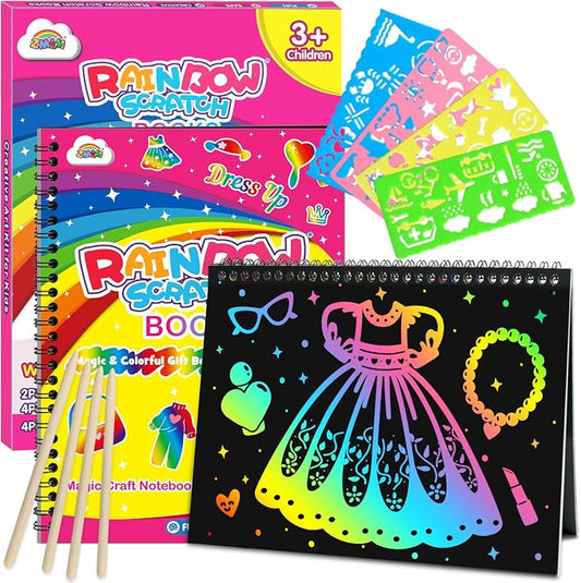 ZMLM Scratch Paper Art-Crafts Gift: 2 Pack Rainbow Notebooks Supplies Toys for 3 4 5 6 7 8 9 10 Years Old Girls and Boys Kids Easter Gifts Christmas Birthday Party Games Dress up