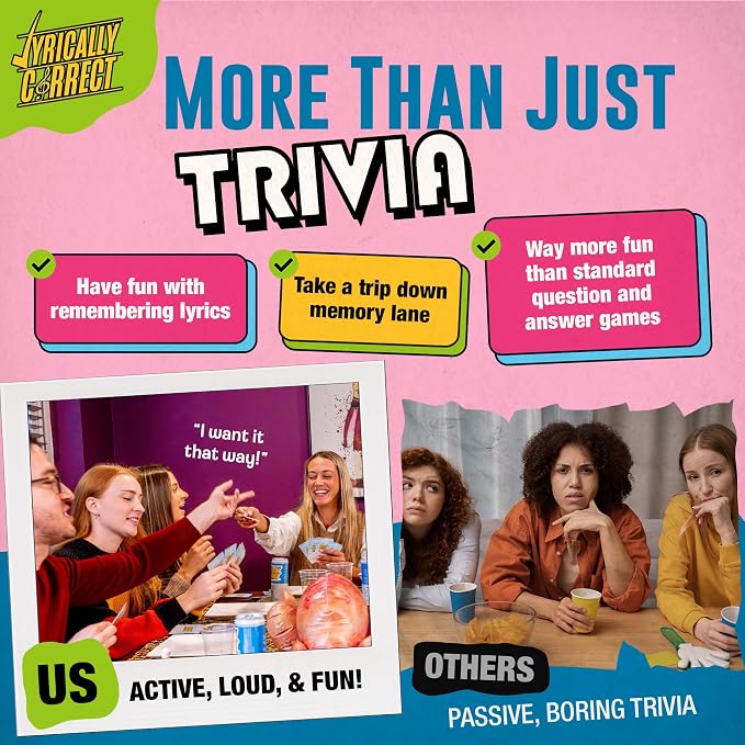 Lyrically Correct 90s & 2000s Pop Music Trivia Card Game for Adults & Families – Finish The Lyrics Party Game for Game Night, Girls Night, Bachelorette Parties & Pop Culture Fans