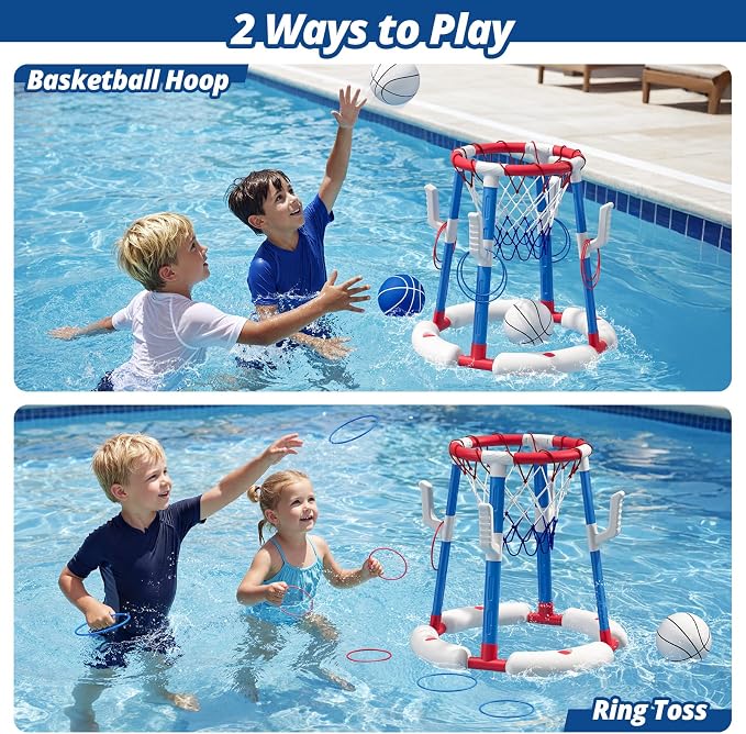 HYES 2 in 1 Pool Basketball Hoop with Ring Toss, Floating Pool Toys - Anti-Tip Stable Base - with 4 Balls/8 Rings/Pump - Summer Water Basketball Games Indoor Outdoor Gifts for Kids 4-8 & Adults, Red