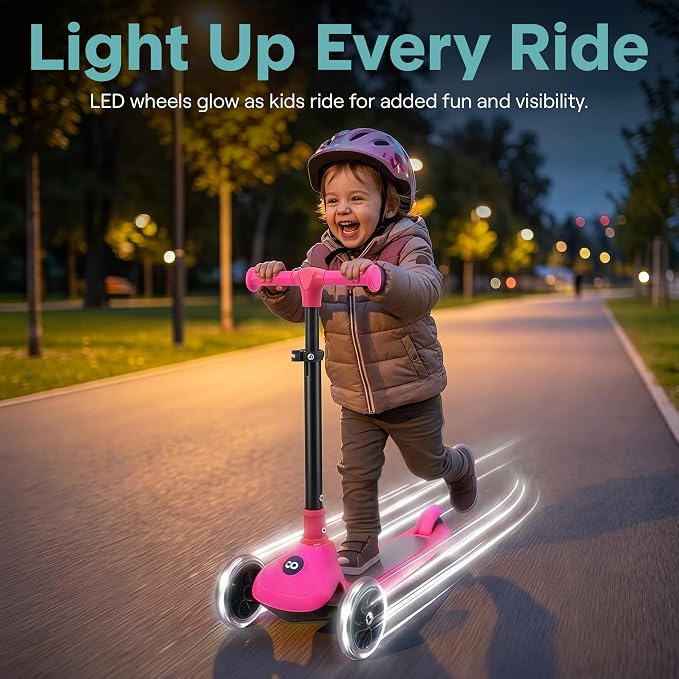 SereneLife Toddler Scooter, Adjustable Micro Scooter for Ages 2-5, Lightweight Kids 3 Wheel Design with LED Light-Up Wheels, Anti-Slip Deck & Lean-to-Steer Control, Indoor/Outdoor Use (Pink)