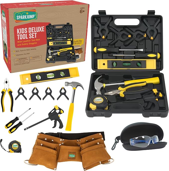 SparkJump Deluxe Kids Tool Set, Real Tools with Tool Belt & Tool Box, Beginner Tool Kit for Boys & Girls Ages 6 & Up, Brown Ultimate Tool Set