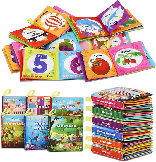 Dr.Rapeti Soft Cloth Books Baby Books Bath Books 6-Pack for Baby Infant Toddler Kids Crinkle Squeaky Washable Chewable Non-Toxic Early Educational Giftable