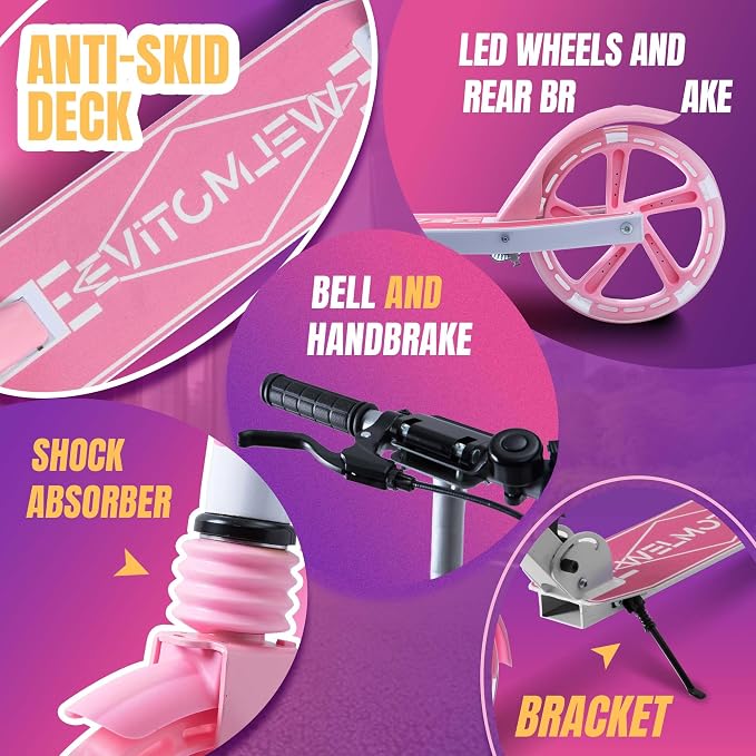 Kick Scooter for Kids Ages 8+ Teens & Adults, with Front handbrake and Rear Brake, and Adjustable Handlebars, Big Sturdy PU Flash Wheels Great Gift & Toy