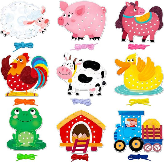 SpriteGru 9 PCS Farm Theme Lacing Cards, 9 Double Sided Sewing Cards with 9 Colorful Laces, Imagination Development Lacing Toys Educational and Learning Activity for Preschoolers, Kids