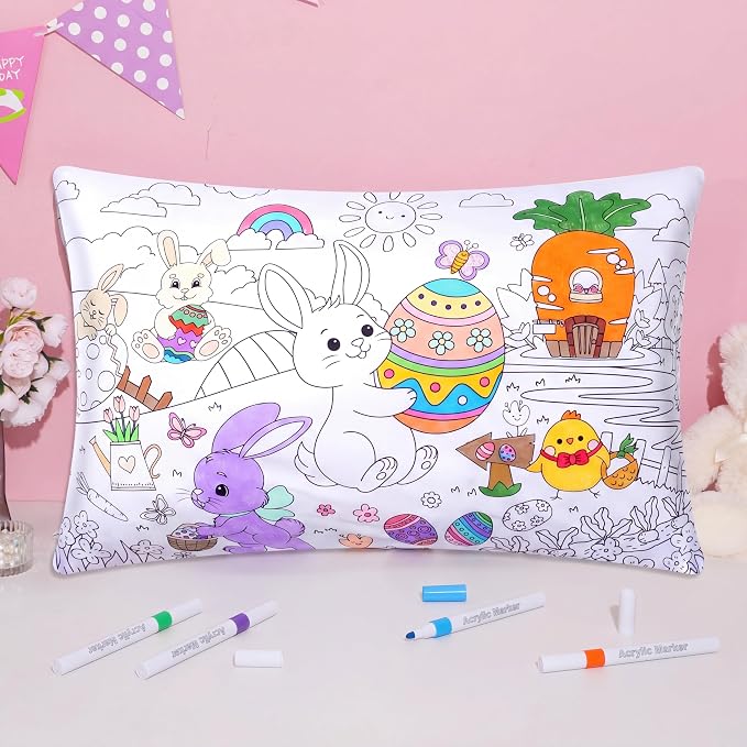 Mindsoft Coloring Craft Coloring Pillowcase Easter Bunny Pillowcase with 12 Pcs Markers Pens for Decoration Supplies Craft, 28.7 x 19.7 Inch
