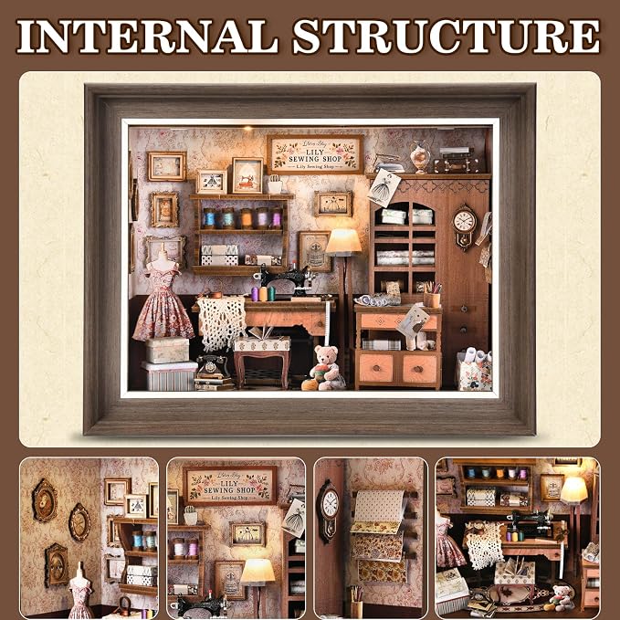 Book Nook Kit - 3D Wooden Puzzle with LED Switch Control & Wall-Mountable Frame，DIY Miniature House for Beginners，Bookshelf/Tabletop/Wall Decor for Craft Lovers，Dollhouse Gift (Lily Sewing Shop)