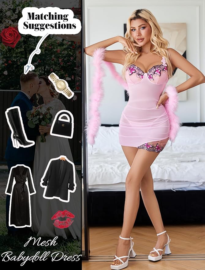 Avidlove Lingerie for Women Mesh Babydoll Lingeries Lace Chemise Floral Sleepwear Dress Sheer Exotic Boudoir Outfit S-XXL