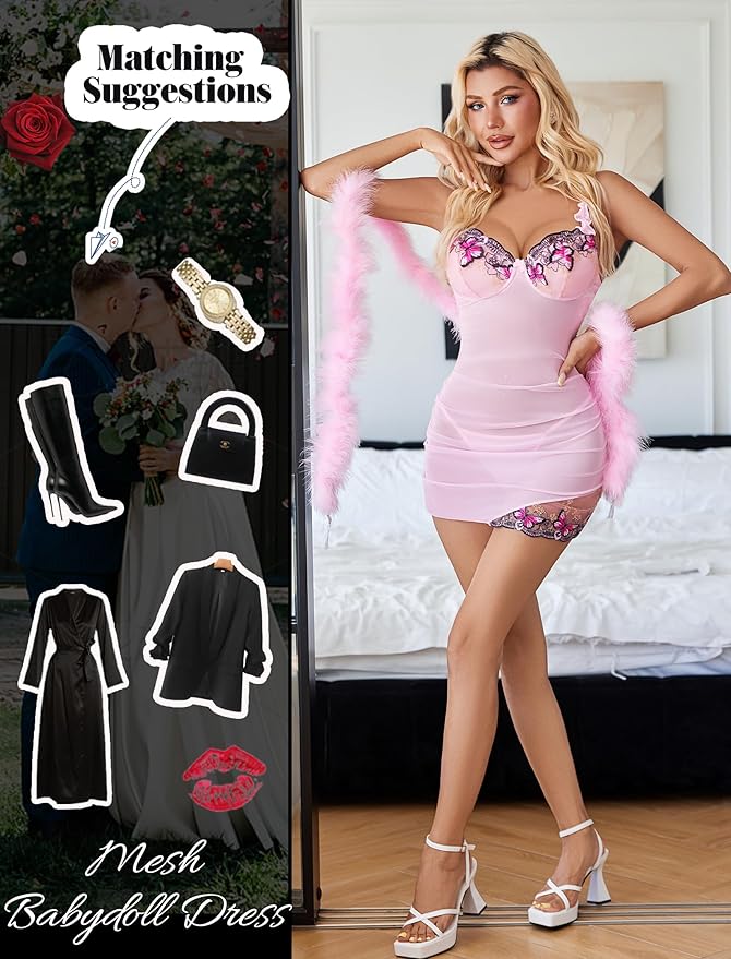 Avidlove Lingerie for Women Mesh Babydoll Lingeries Lace Chemise Floral Sleepwear Dress Sheer Exotic Boudoir Outfit S-XXL