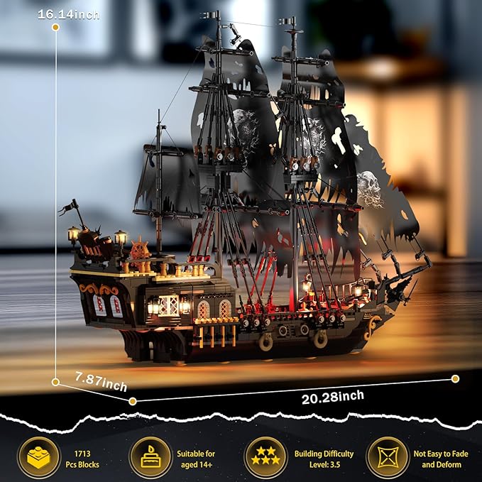 Pirate Ship Model Building Set for Adults Boys Girls, Black Pearl Ship Model with Light, Sail Boat Construction Toys, Collectible Display Home Office Decor, Birthday Gifts（1713 Pieces）