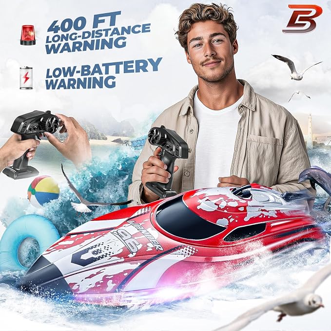 BEZGAR RC Boat, 12 inch Remote Control Boat for Kids and Adults, 25 KPH Fast RC Speed Boats with 700mAh Battery, Ideal Waterproof Toy Boats for Lakes & Pools - TX126 Red