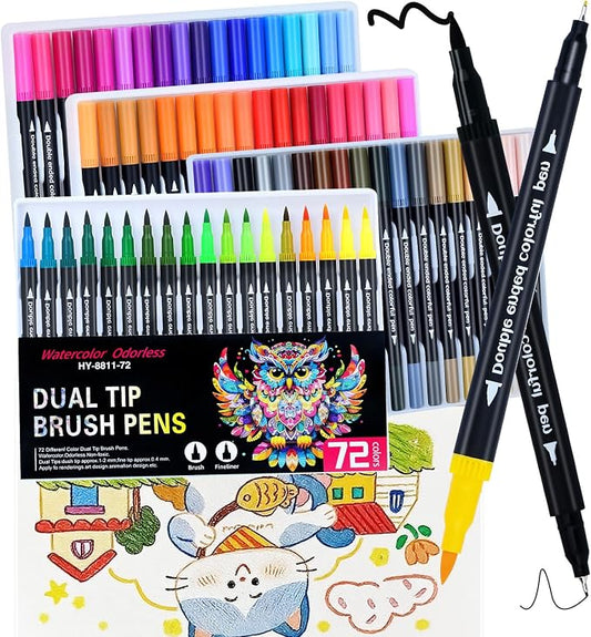 72 Colors Dual Markers Brush Pens,0.4MM Fine Point Art Marker, Double Tip Coloring Brush Pens Paint Marker for Adult Hand Lettering, Drawing,Doodling,Painting