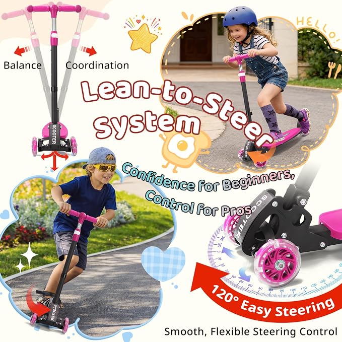 Kick Scooters for Kids 5-7 8-12,Lean to Steer,Three Wheeled Light Up,28"-32" Adjustable Handlebar,Widen Anti-Slip Deck,Floor Push Scooter for Boys Girls Ages 6-12 3-4 Old,Foldable for Travel