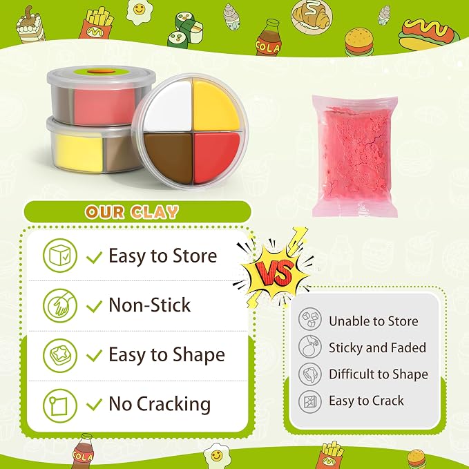 CyaJm Air Dry Clay Food Toy Kit - 12 Fast Food Themed Individual Clay Packs, Non-Toxic Ultra-Light Air Drying Modeling Clay with Tools & Guide, DIY Craft Gift for Kids Boys Girls Ages 3+