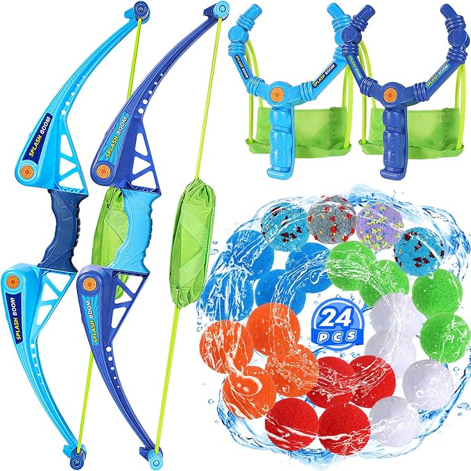 SUPER JOY Reusable Water Balls Water Toys for Kids, 2 PCS Water Balloons Slingshot Launcher 2 PCS Bow Launcher With 24 Colorful Water Balls for Outdoor Toys, Summer Water Bomb Toy for Boys Girls