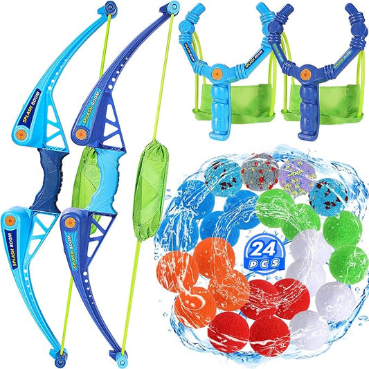 SUPER JOY Reusable Water Balls Water Toys for Kids, 2 PCS Water Balloons Slingshot Launcher 2 PCS Bow Launcher With 24 Colorful Water Balls for Outdoor Toys, Summer Water Bomb Toy for Boys Girls