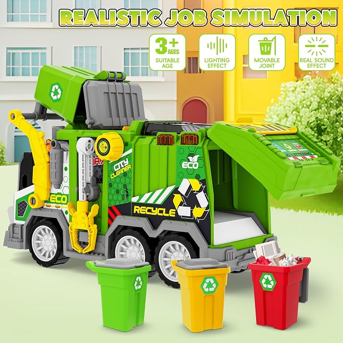 Large Friction Powered Garbage Truck Toy Set with Effect Sound, 2pcs Ejecting Race Cars, Includes Dumpster, Trash Bins, Birthday Gifts for Age 3 4 5 6 7 8 Year Old Boys Kids