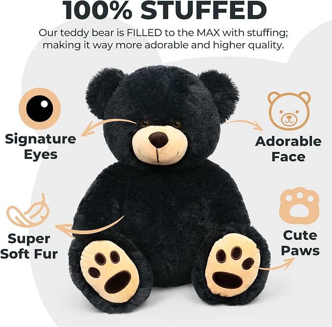 LotFancy Teddy Bear Stuffed Animals, 20 inch Soft Cuddly Cute Plushies, Plush Toys with Footprint Design, Stuffed Animals for Girls Kids Baby Toddlers, Baby Shower Easter Birthday Gift Decor, Black
