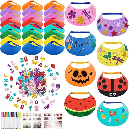 Outus 35 Pcs Assorted Craft Decorations with 24 Foam Visors for Kids, DIY Sun Visor Kit with Stickers & Markers for Arts & Crafts Activities (Bright Color)