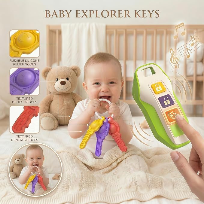 Toy Car Keys for Toddlers 1-3, Soft Silicone Baby Teething Toys with Gentle Lights and Sounds, Non-Toxic Lightweight Pretend Play Sensory Toys for 1 Year Old Boy Girl Birthday Gifts(green)