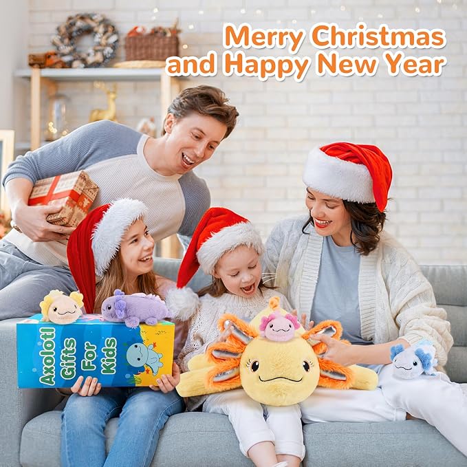 gnomantic Axolotl Stuffed Animals with Babies Inside, Mommy Toy for Kids | 5-Piece set: 1 mommy axolotl + 4 baby axolotls inside. Unzip belly to reveal surprise babies. Ultra-soft, ages 3-8.