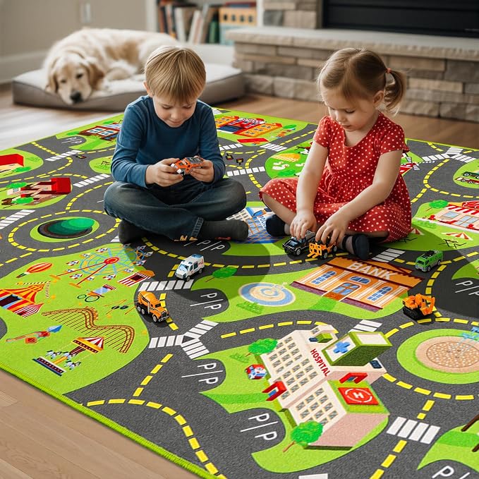 Kids Car Rug Play Mat with 12 Toy Vehicle Set, Kid Road Playmat Rug for Toy Cars, Cars Play Rugs Town City Map Carpet, Car Track Rugs for Kids Boys Playroom Bedroom (60"X36", City Map+Vehicle)