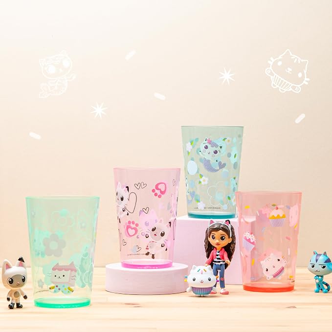 Zak Designs DreamWorks Gabby's Dollhouse Nesting Tumbler Set for At Home, 14.5oz Non-BPA Plastic Cups, 4-Pack (Gabby, Pandy Paws, Cakey Cat, Mercat, Kitty Fairy, Baby Box)