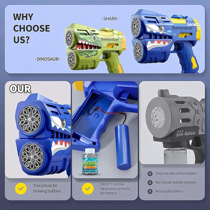 Rechargeable Blue Shark Bubble Guns for Kids, LED Light Up Bubble Machine Blower with Bubble Refill Solution for Kids, Bubble Makers Blaster for Toddlers, Summer WeddingToys Gift