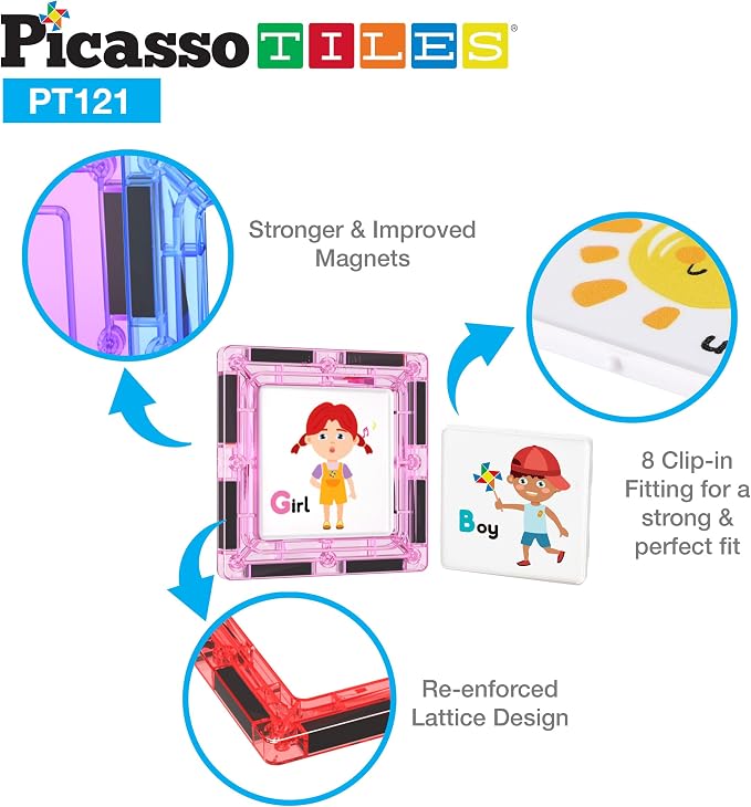 PicassoTiles 121 pc Master Builder Magnetic Building Block Construction Set Magnet Tiles Blocks with Car Truck, 2 Character Action Figures, 28 Educational Alphabet Animal and Number Graphics