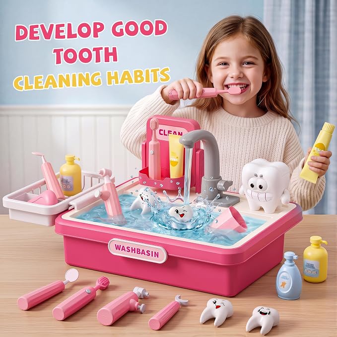 Play Sink with Running Water, Toy Sink Auto Water Cycle System, Play Sink Toys for 2 3 4 Year Old Girls, Dentist Play Set with Oversize Teeth, Birthday Gifts for 2 3 4 5 Year Old, Practice Cleaning