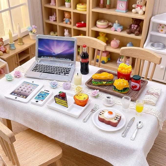 20Pcs Miniature Laptop Computer Tablet Toy Phone Pad and Hamburger Fries Cola Fast Food Cake Coffee Juice Fits Doll Accessories Scale Dollhouse Playsets Girl Mini Drink Food Party