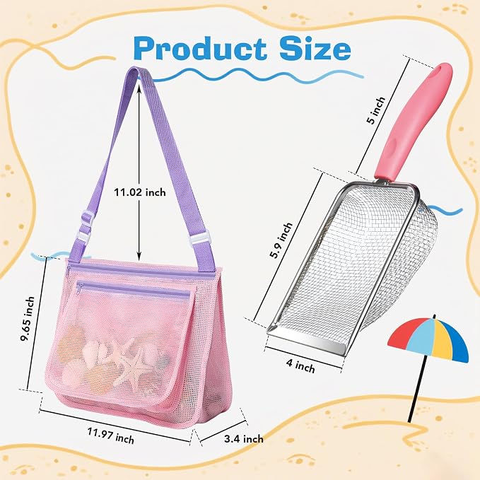 Beach Mesh Shovel with Mesh Beach Bag for Shell Collecting,Metal Shark Tooth Sifter Sand Dipper Beach Scoop for Kids Boys Girls