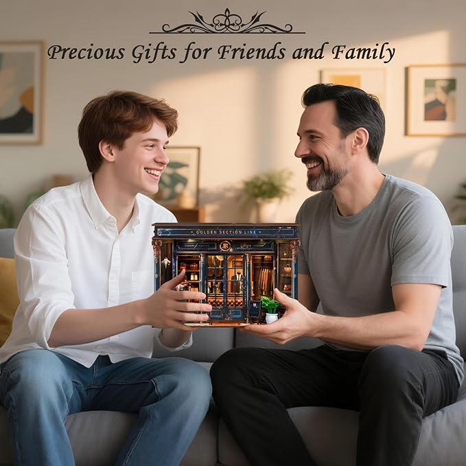 ISSEVE Book Nook Kits for Adults, DIY Booknook Kit Miniature Dollhouse Book Nooks, 3D Wooden Puzzle Model Building Creative Bookshelf Home Decoration Adult Crafts Kits Gift (Golden Section Line)