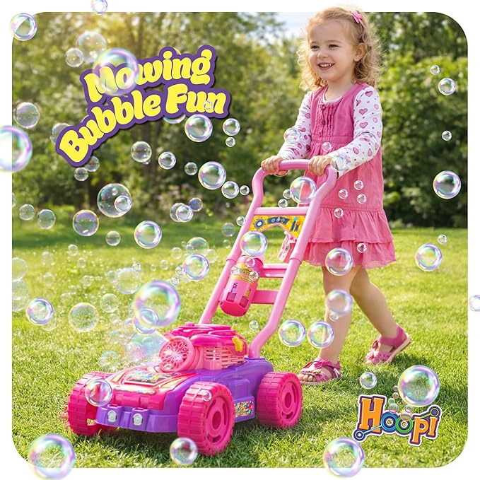 Hoopi Extreme Bubble Lawn Mower for Toddlers 1-3, Spill-Proof Kids Bubble Machine with Lights for 2-Year-Old Girl Birthday Gift, Bubbles Blowing Push Toddler Outdoor Toys for Ages 2-4 with 3 Bottles
