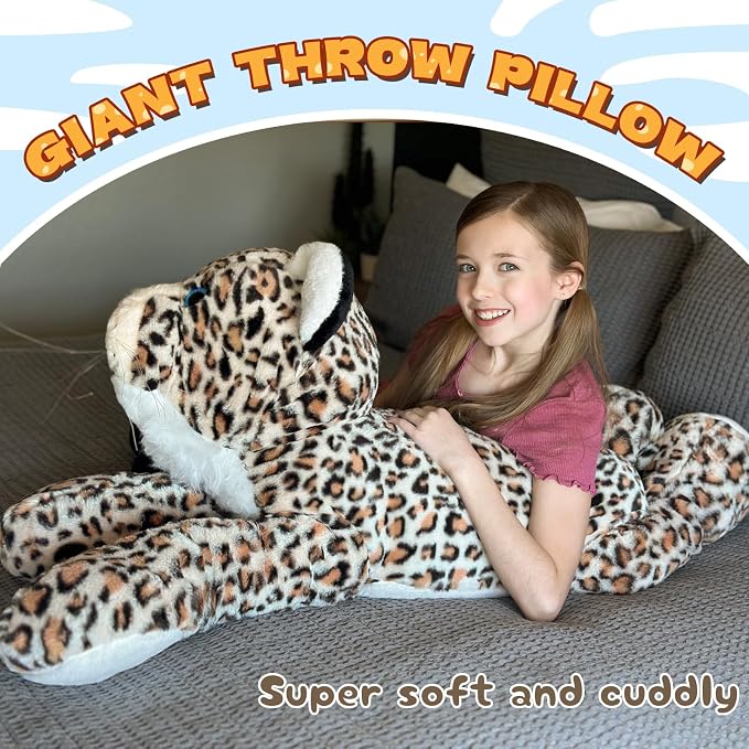 MorisMos Giant Cheetah Stuffed Animal Plush Pillow 4ft, 47" Extra Large Plush Cheetah Toy for Kids & Adults, Realistic Leopard for Christmas Birthday, Big Safari Stuffed Animal for Jungle Party Decor