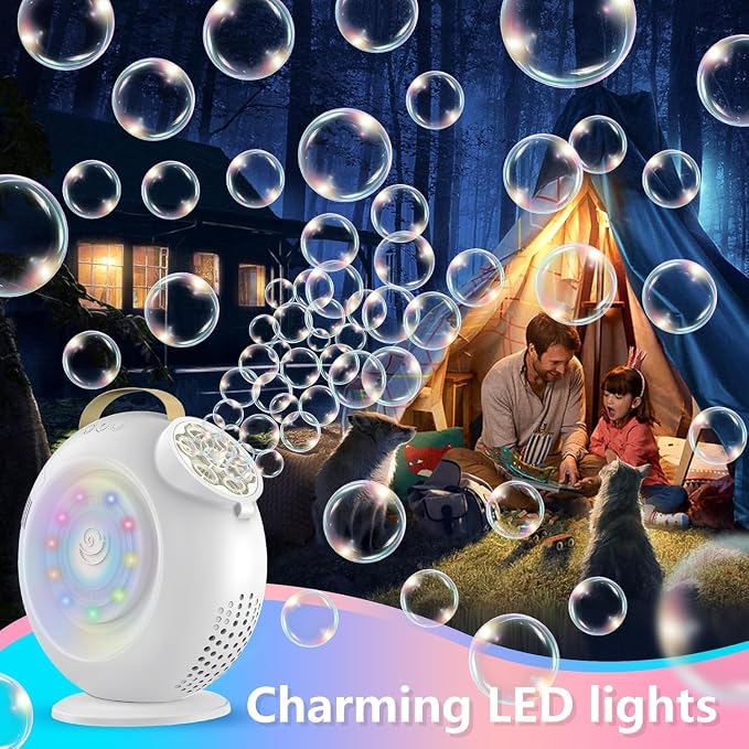 Automatic Bubble Machine for Kids & Toddlers, Rechargeable 15000+ Bubbles Per Minute with 90°/360° Rotation & LED Light - Bubble Blower for Birthday Wedding Outdoor Party Gifts