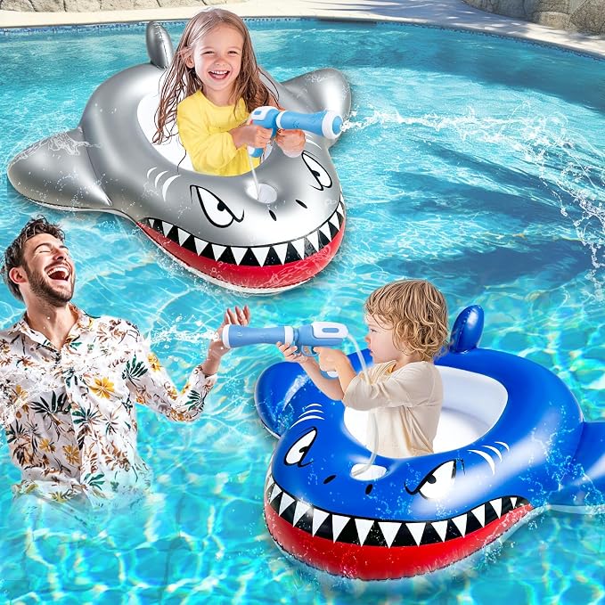 2 Pack Inflatable Shark Pool Floats Kids 3-11 Years, Kids Floaties Swimming Pool Toys with 2 Water Squirt Guns Boys Girls Party Float Ride-on Toddler Floatie with Safety Seat Summer Outdoor Water Game