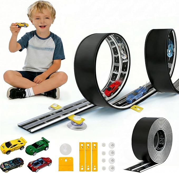 16.4Ft Flexible Race Track for Kids Ages 3+, Patterned Dual-Lane Roll Up Race Track Set with 4 Toy Cars & Suction Cups, Compatible with 1/64 Diecast Cars, Portable DIY Racing Toy (Black)