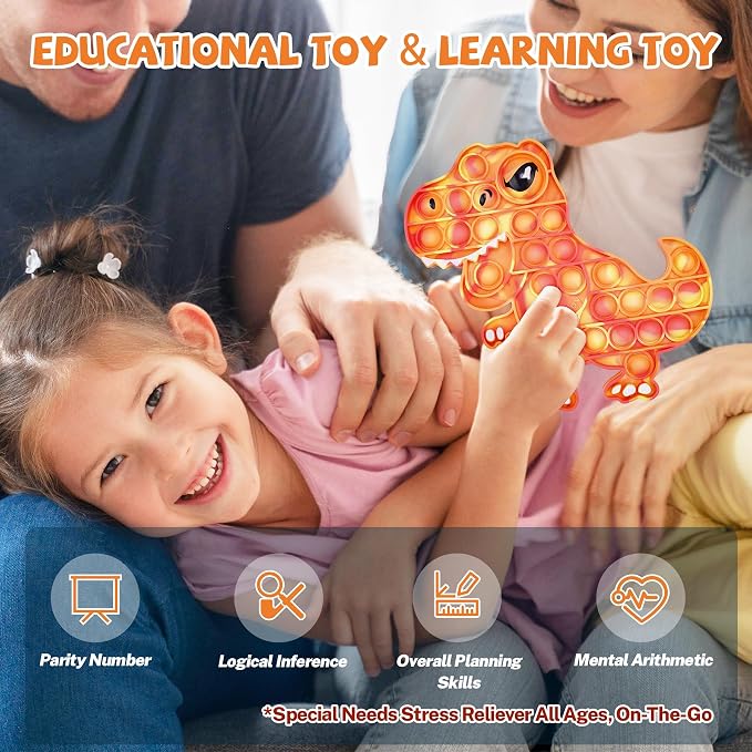 Dinosaur Pop Fidget Toy for Travel, Home, Classroom, Kids & Adults Silicone Stress Relief Sensory Game, Dual-Sided Educational Bubble Toy for Fine Motor Skills, Focus, Anxiety Reduction (Orange)