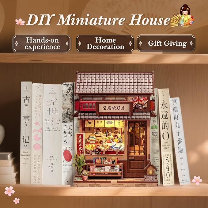 CUTEBEE Book Nook Kit - DIY Miniature House Japanese Fan Shop Dollhouse Kit for Adults and Teens, Booknook Tiny House Bookshelf Decor 3D Wooden Puzzle, Gifts for Family, Friends (Tsukino Eogi-dou)