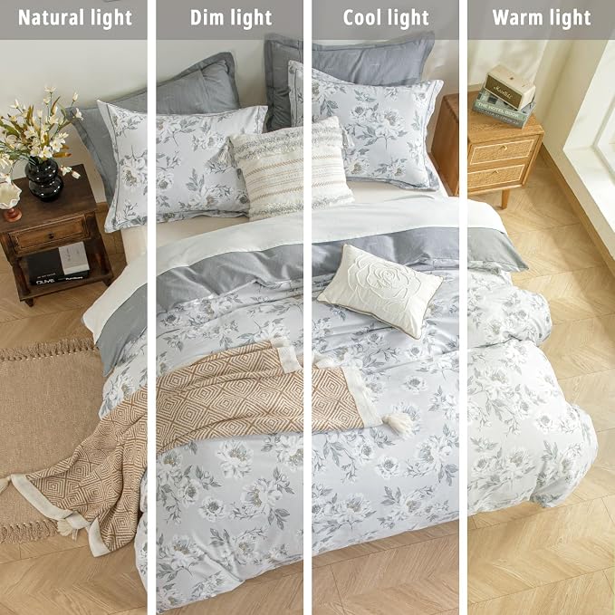 LEMIROE Floral Cotton Comforter King Size - Light Grey Comforter Printed with Vintage Ivory Flowers & Dark Yellow Stamens,Reversible Lightweight Bedding Sets 3Pcs(104"×90")