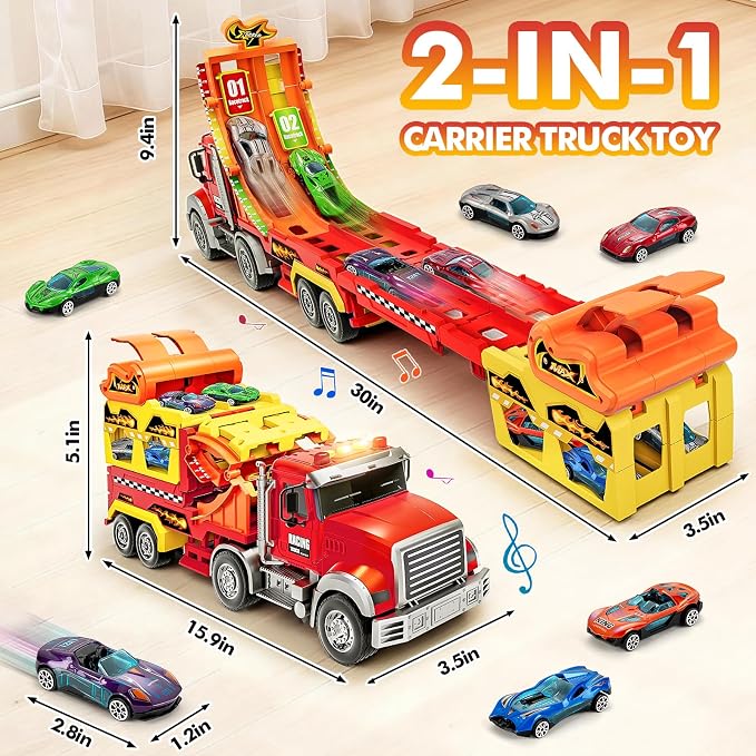 Kids Toys for 3 4 5 6 7 8 Years Old Boys, Carrier Truck Transport Car with Lights Sounds, Foldable Layer Car Race Track Playset with Race Track, 6 Metal Toy Cars, Christmas Birthday Gift for Toddler