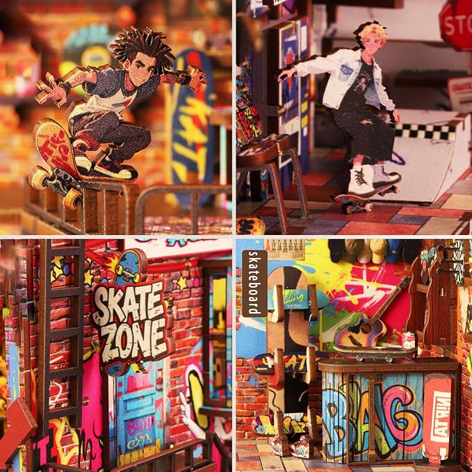 Miniature Book Nook Kit Cyberpunk Street Graffiti Skateboard DIY 3D Wooden Booknook for Adults and Book Lovers Bookshelf Insert Decor Creative Gift for Family Friends and Elderly