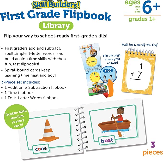Learning Resources Skill Builders! First Grade Flipbook Library - 3 Pieces, Ages 6+, Math and Spelling Activities for Kids, First Grade Must Haves
