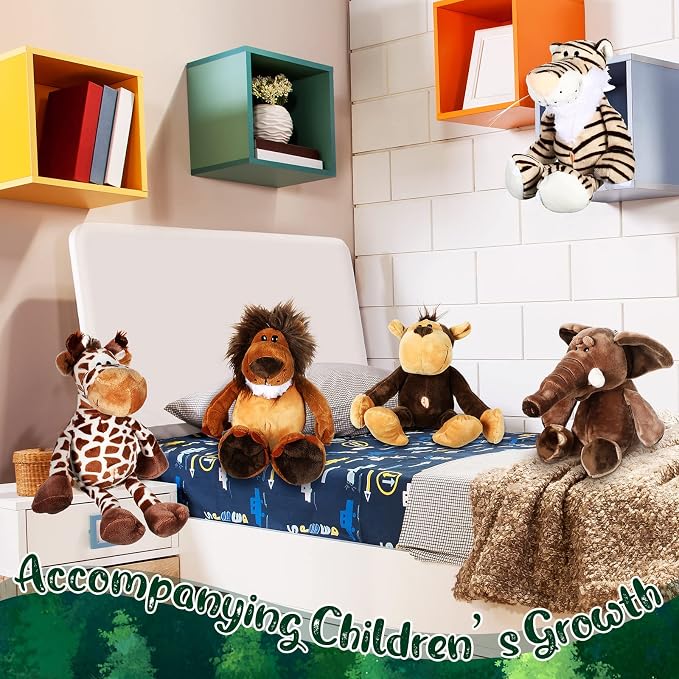 Zhanmai 6 Pieces Safari Stuffed Animals Plush Jungle Toys Set for Boys Girls, Lion Elephant Zebra Giraffe Tiger Monkey for Animal Themed Parties Student Party Decoration(Novel Style)