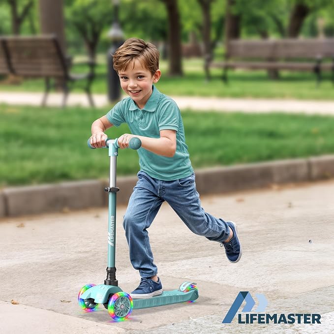Lifemaster Mini 3-Wheel Kids Scooter with Multi-Color Wheel Lights – 4-Height Adjustable Handlebar, Wide Anti-Slip Deck, Child Safety Certified, Boys & Girls Ages 2+ Supports Up to 110 lbs