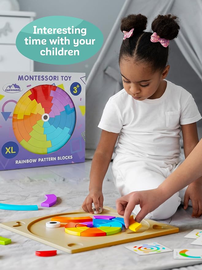 Preschool learning activities Montessori toys – rainbow wooden pattern blocks tangrams color sorting stacking educational games for kids fine motor skills baby girls and boys for 3 4 5 years old (XL)