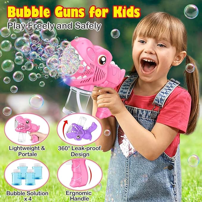 Yunaking Bubble Gun Toys for Girls: Bubble Machine for Kids 2 Rechargeable Dino Toys Easter Basket Stuffers Gift for 3 4 5 6 7 8 Girls Toddlers Ages 4-6 Outdoor Summer Birthday Christmas Valentines